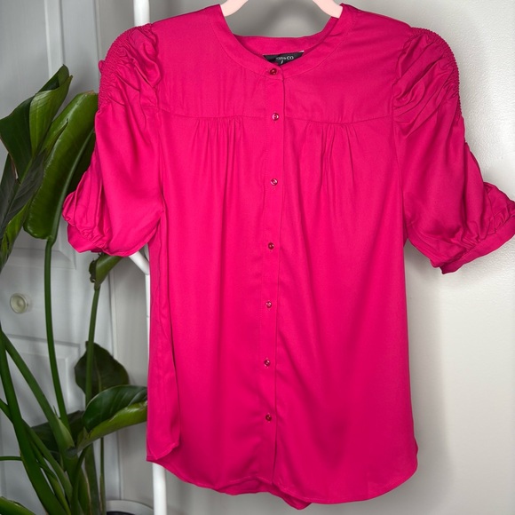 RW&CO. Tops - 2/15$ 🍒 NWT RW&CO Pink Puff Sleeve Ruffle Blouse with Mandarin Collar Sz M